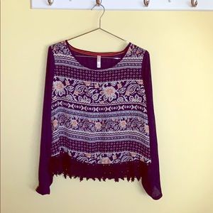 Semi-transparent navy blue patterned blouse